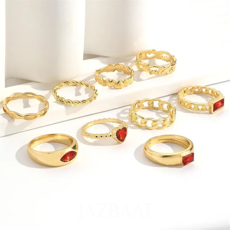 Jazbaat Gold-Plated Red Crystals Stacking Rings 9-Pack
