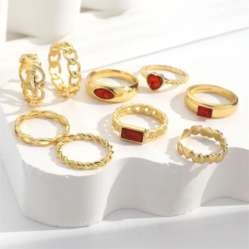 Jazbaat Gold-Plated Red Crystals Stacking Rings 9-Pack