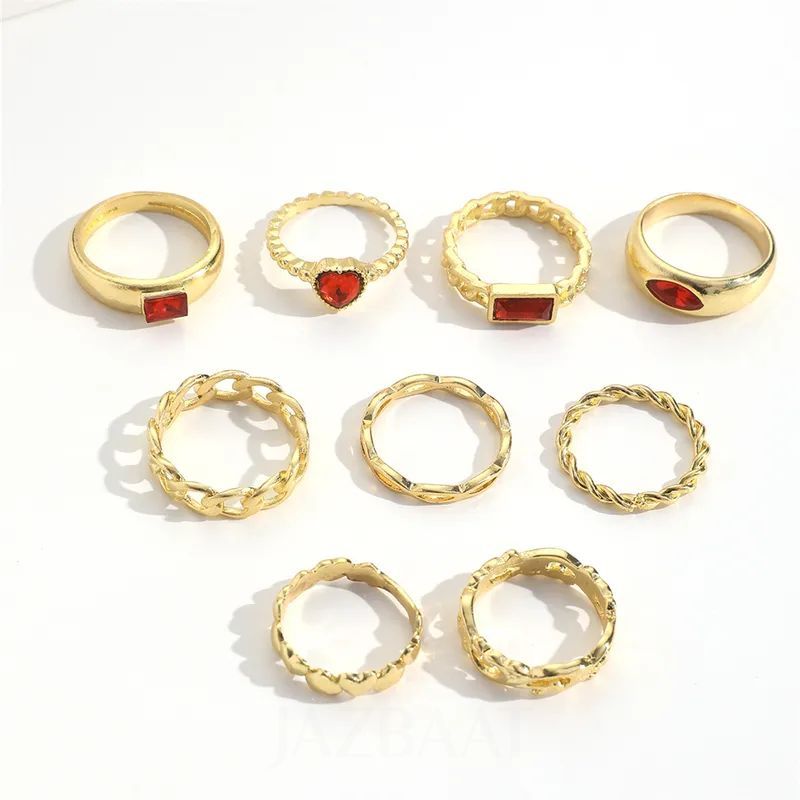 Jazbaat Gold-Plated Red Crystals Stacking Rings 9-Pack