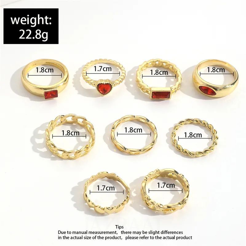 Jazbaat Gold-Plated Red Crystals Stacking Rings 9-Pack