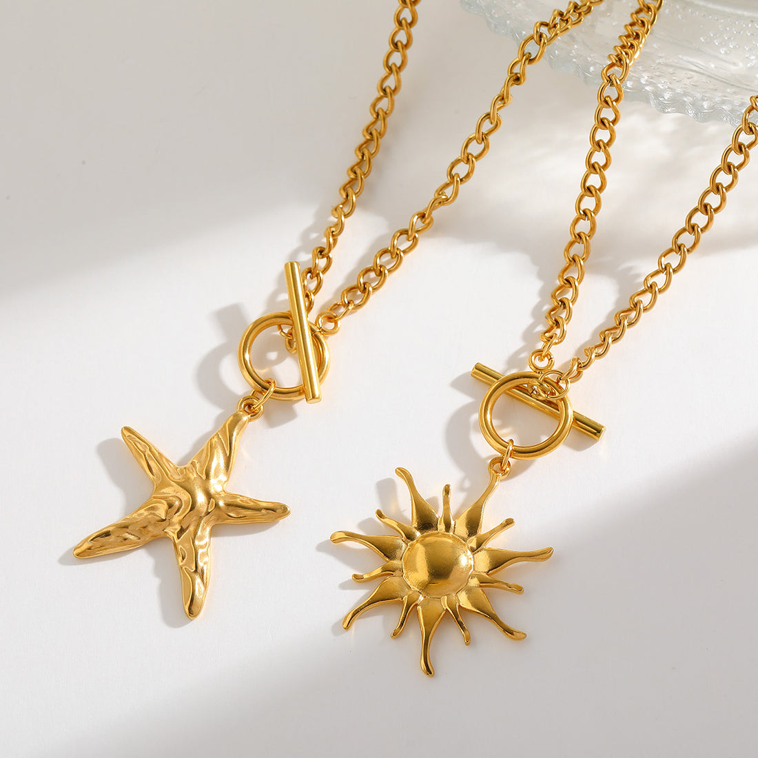 Jazbaat Gold-Plated Sea Star & Glowing Sun Pendant Necklaces (2-Pack)