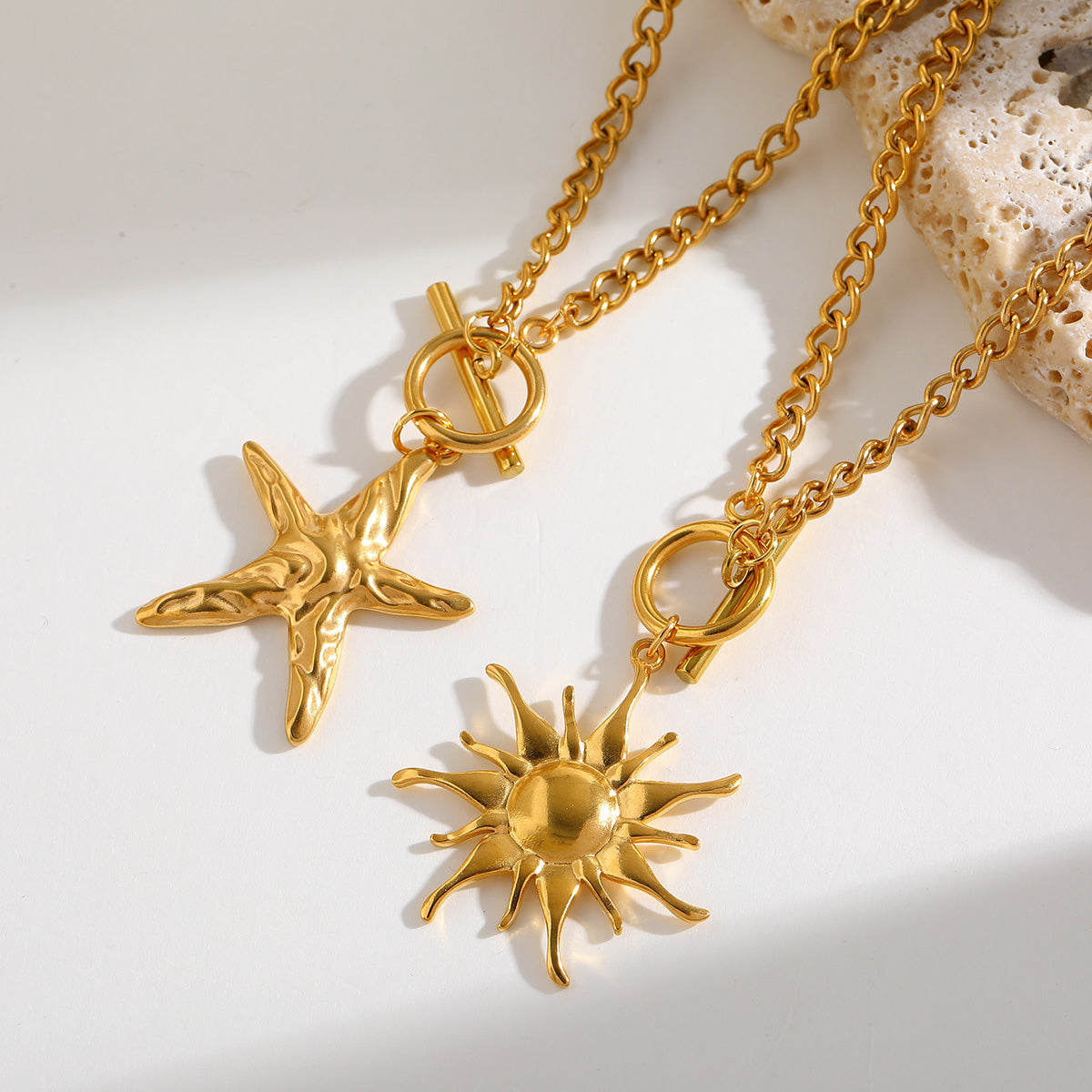Jazbaat Gold-Plated Sea Star & Glowing Sun Pendant Necklaces (2-Pack)