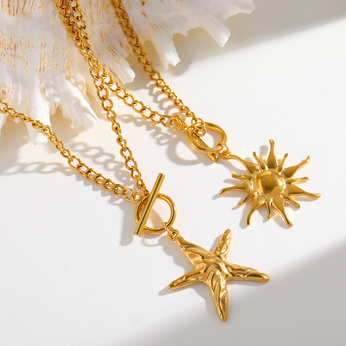 Jazbaat Gold-Plated Sea Star & Glowing Sun Pendant Necklaces (2-Pack)