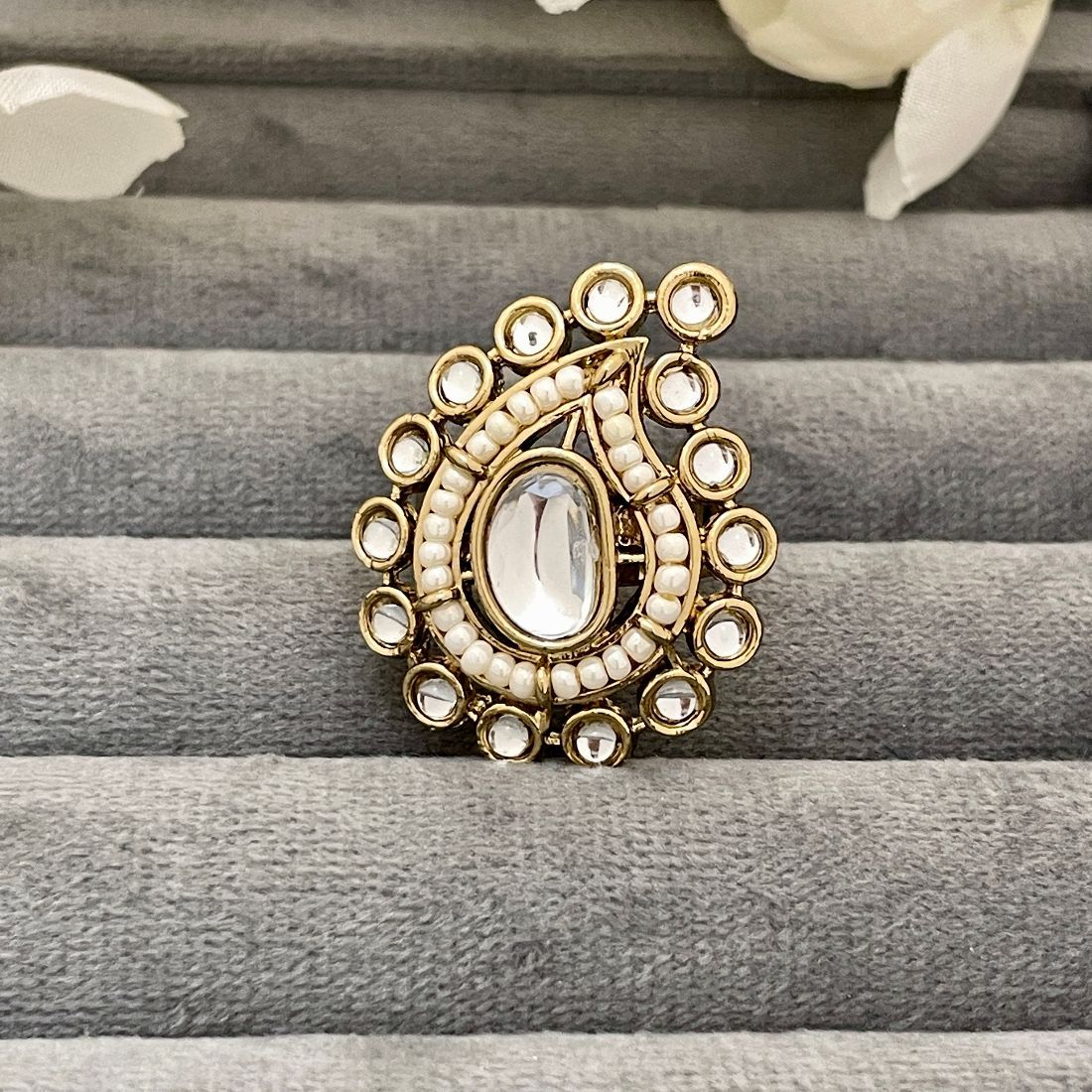 Jazbaat Gold-Plated Seed Beaded Kundan Ring