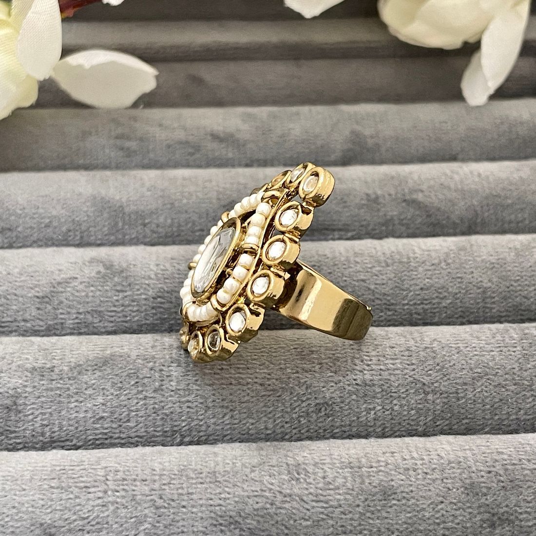 Jazbaat Gold-Plated Seed Beaded Kundan Ring