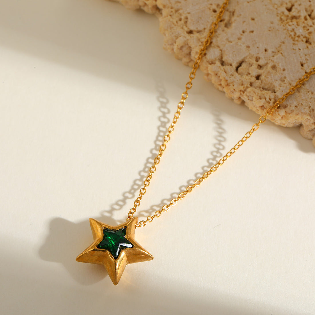 Jazbaat Gold-Plated Star-Shaped Green Gemstone Pendant Necklace