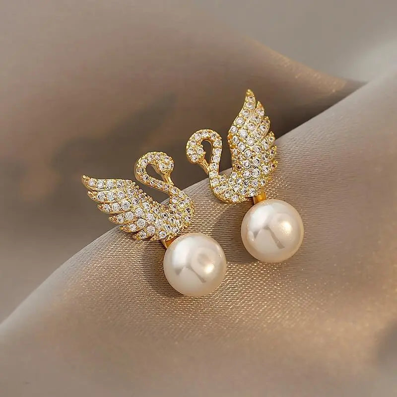 Jazbaat Gold-Plated Swan Design Pearl & Crystal Stone Studded Earrings