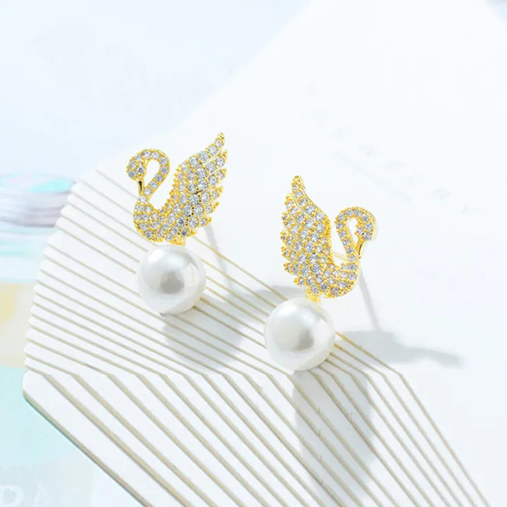 Jazbaat Gold-Plated Swan Design Pearl & Crystal Stone Studded Earrings