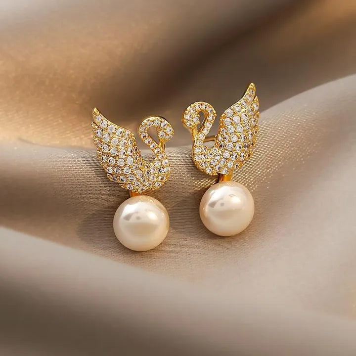Jazbaat Gold-Plated Swan Design Pearl & Crystal Stone Studded Earrings