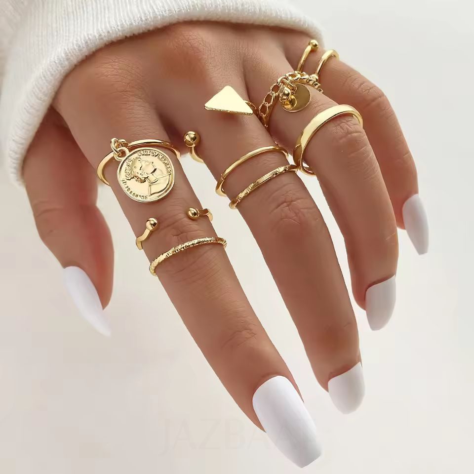 Jazbaat Gold-Plated Vintage Style Stackable Rings 9-Pack