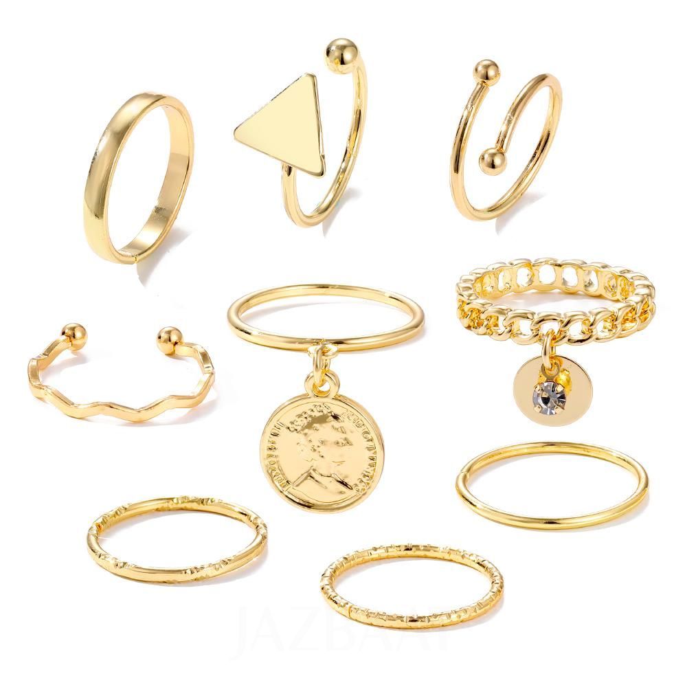 Jazbaat Gold-Plated Vintage Style Stackable Rings 9-Pack