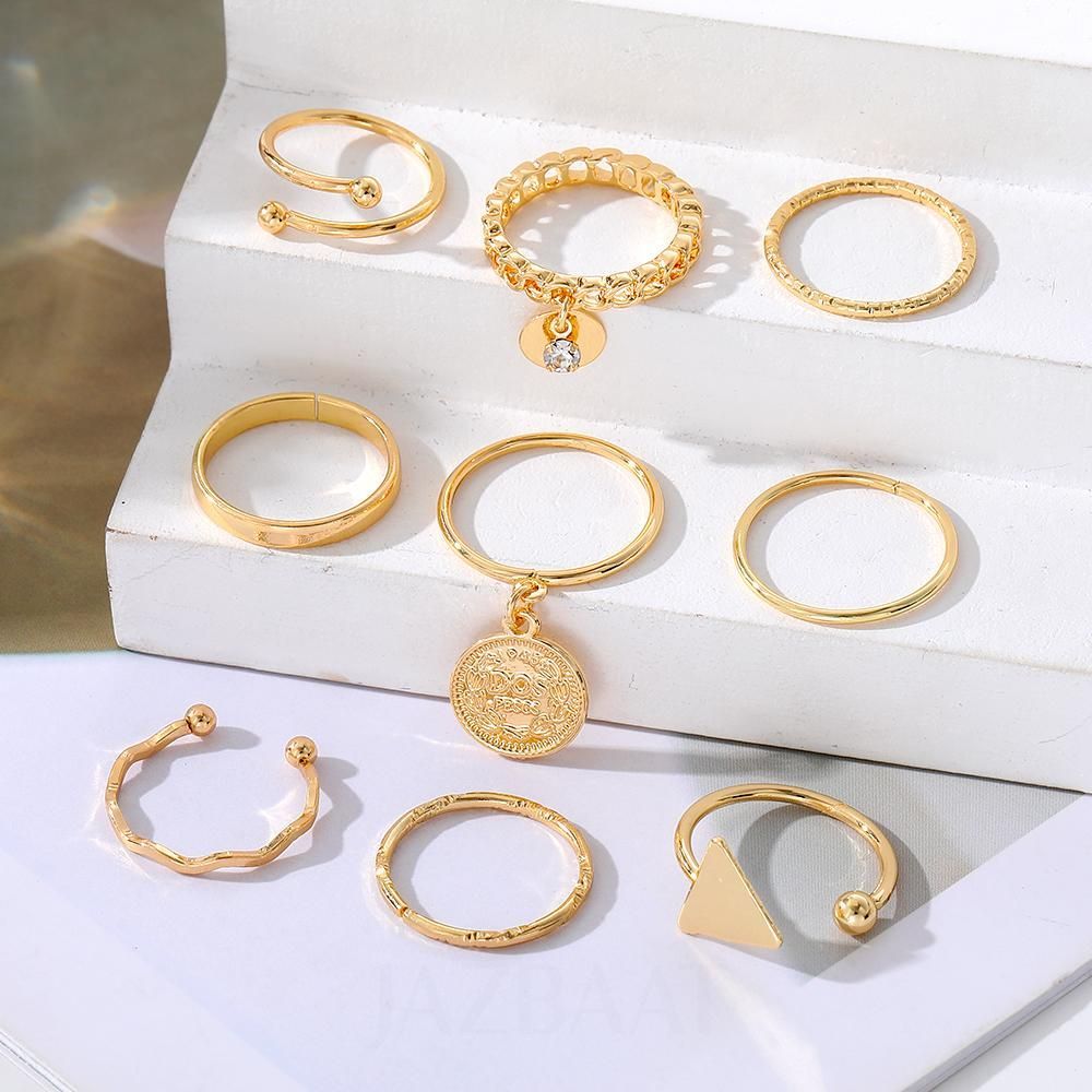 Jazbaat Gold-Plated Vintage Style Stackable Rings 9-Pack
