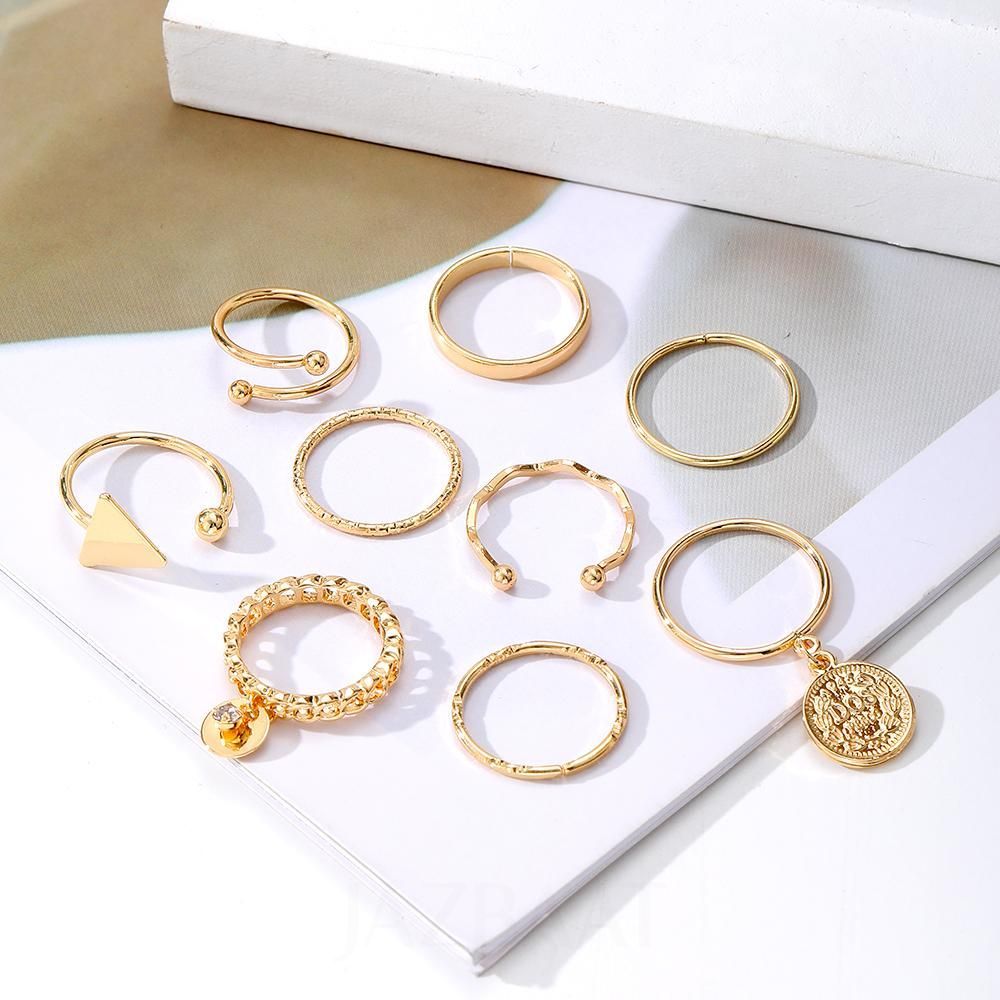 Jazbaat Gold-Plated Vintage Style Stackable Rings 9-Pack