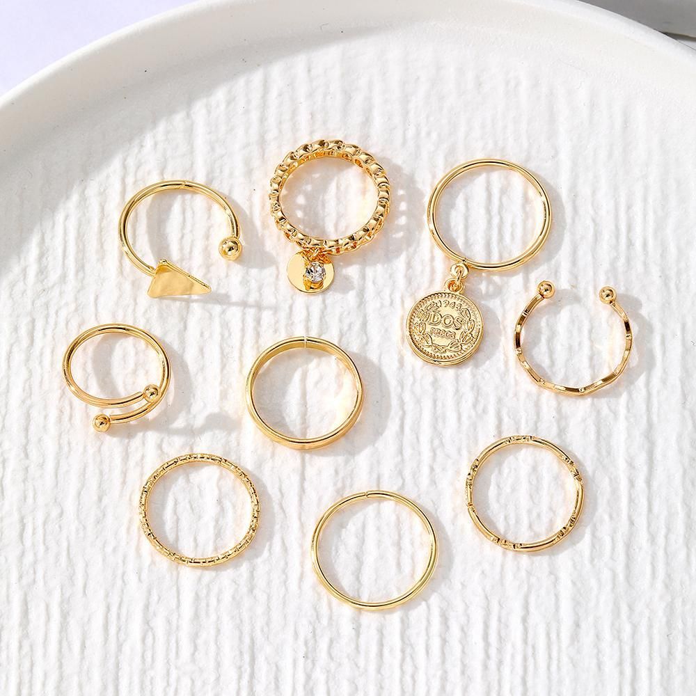Jazbaat Gold-Plated Vintage Style Stackable Rings 9-Pack