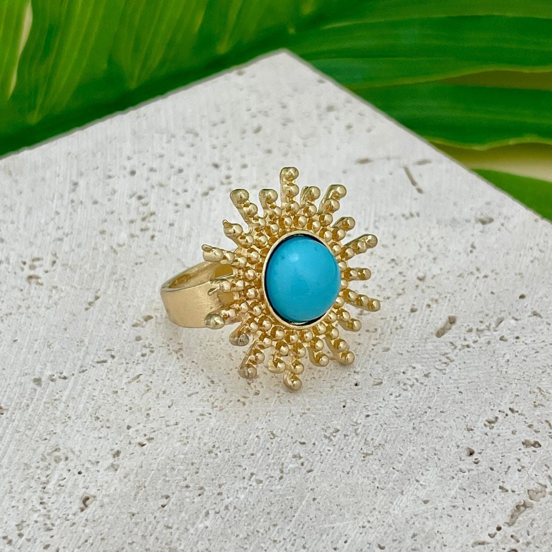 Jazbaat Gold-Plated Vintage Sun Ring With Turquoise Stone