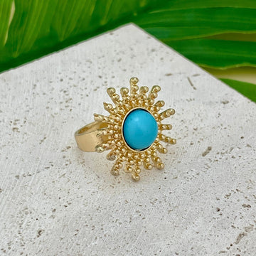 Jazbaat Gold-Plated Vintage Sun Ring With Turquoise Stone