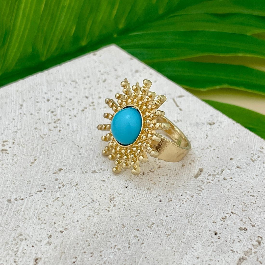 Jazbaat Gold-Plated Vintage Sun Ring With Turquoise Stone