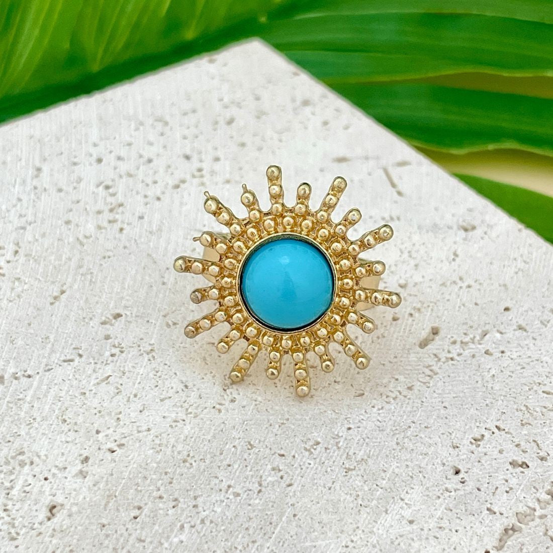 Jazbaat Gold-Plated Vintage Sun Ring With Turquoise Stone