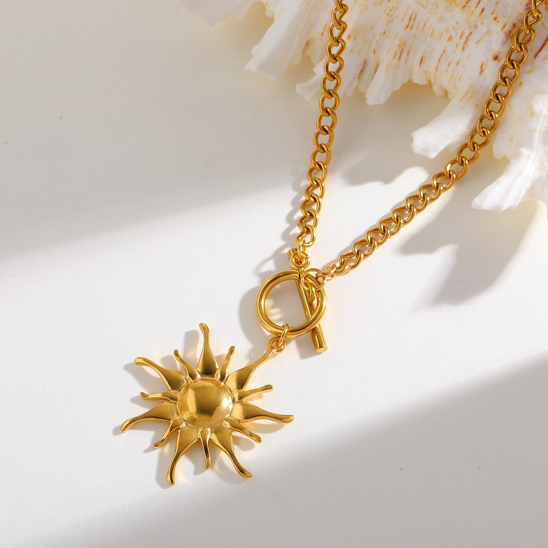Jazbaat Gold-Plated Waterproof Celestial Sun Pendant Toggle Lock Necklace