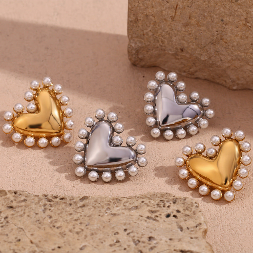 Jazbaat Gold & Silver-Plated Heart-Shaped Pearl-Embellished Stud Earrings (Set Of 2)