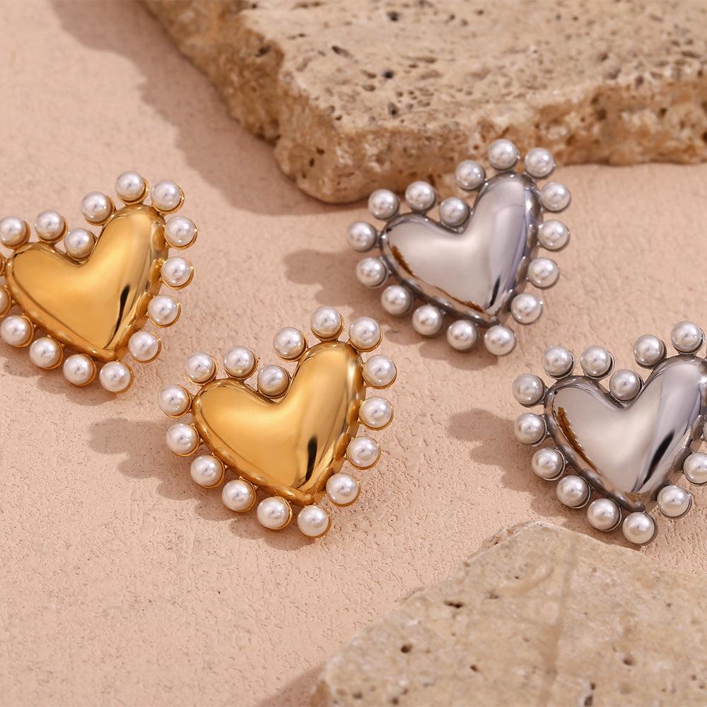 Jazbaat Gold & Silver-Plated Heart-Shaped Pearl-Embellished Stud Earrings (Set Of 2)