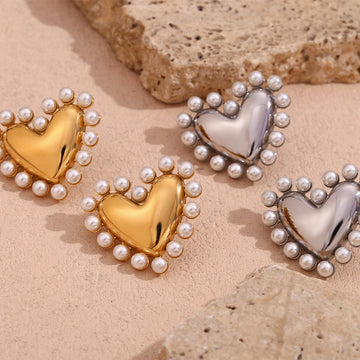 Jazbaat Gold & Silver-Plated Heart-Shaped Pearl-Embellished Stud Earrings (Set Of 2)