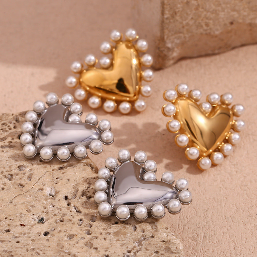 Jazbaat Gold & Silver-Plated Heart-Shaped Pearl-Embellished Stud Earrings (Set Of 2)