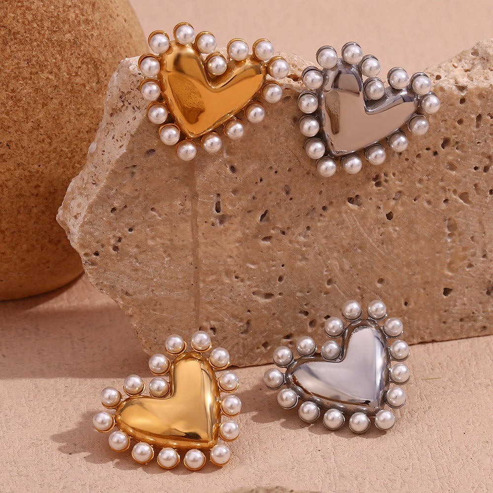 Jazbaat Gold & Silver-Plated Heart-Shaped Pearl-Embellished Stud Earrings (Set Of 2)