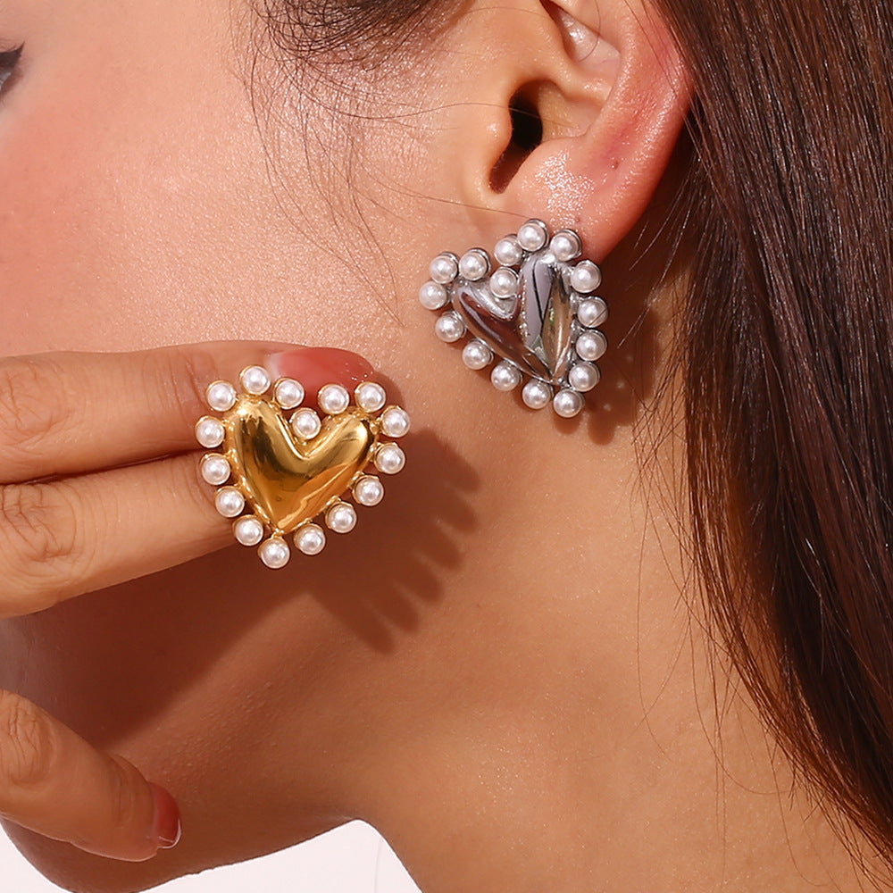 Jazbaat Gold & Silver-Plated Heart-Shaped Pearl-Embellished Stud Earrings (Set Of 2)