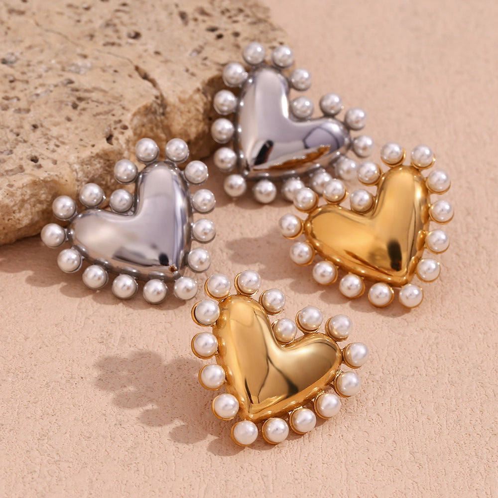Jazbaat Gold & Silver-Plated Heart-Shaped Pearl-Embellished Stud Earrings (Set Of 2)