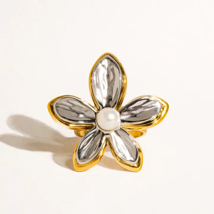 Jazbaat Gold & Silver Flower Design Pearl Bloom Statement Ring
