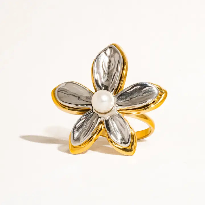 Jazbaat Gold & Silver Flower Design Pearl Bloom Statement Ring