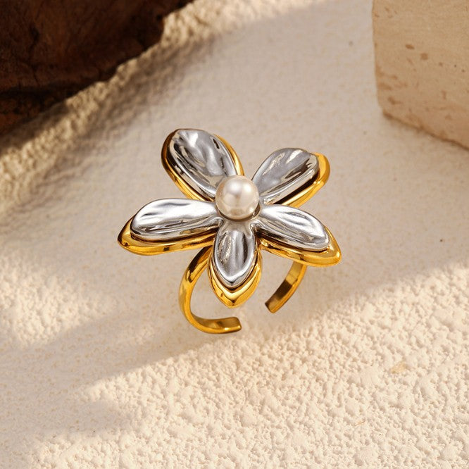 Jazbaat Gold & Silver Flower Design Pearl Bloom Statement Ring