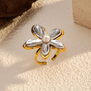 Jazbaat Gold & Silver Flower Design Pearl Bloom Statement Ring