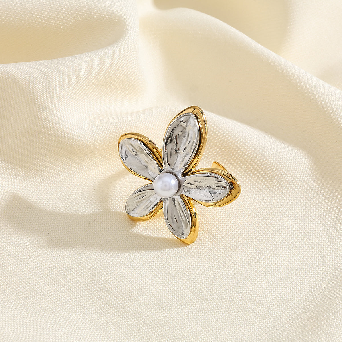 Jazbaat Gold & Silver Flower Design Pearl Bloom Statement Ring