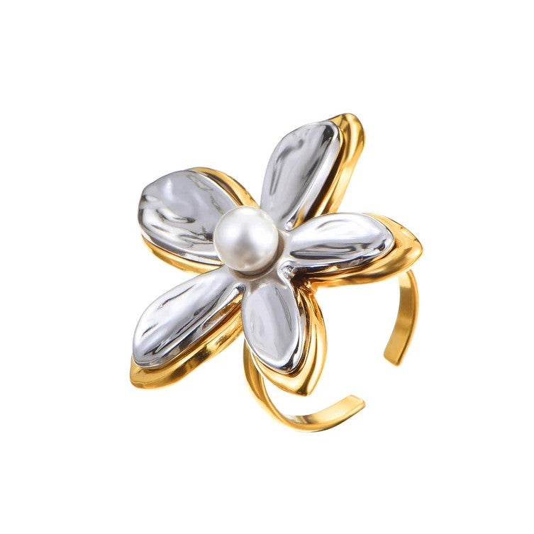 Jazbaat Gold & Silver Flower Design Pearl Bloom Statement Ring