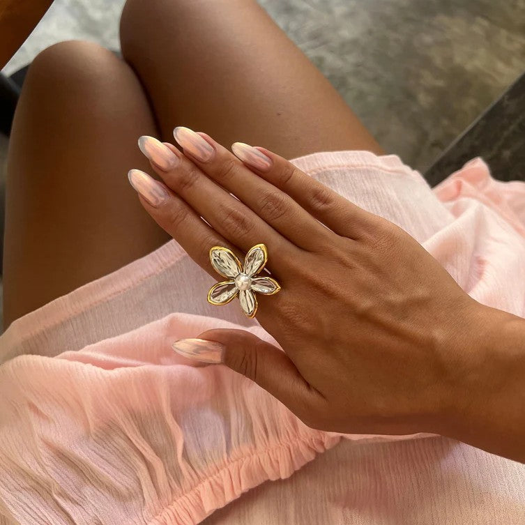 Jazbaat Gold & Silver Flower Design Pearl Bloom Statement Ring