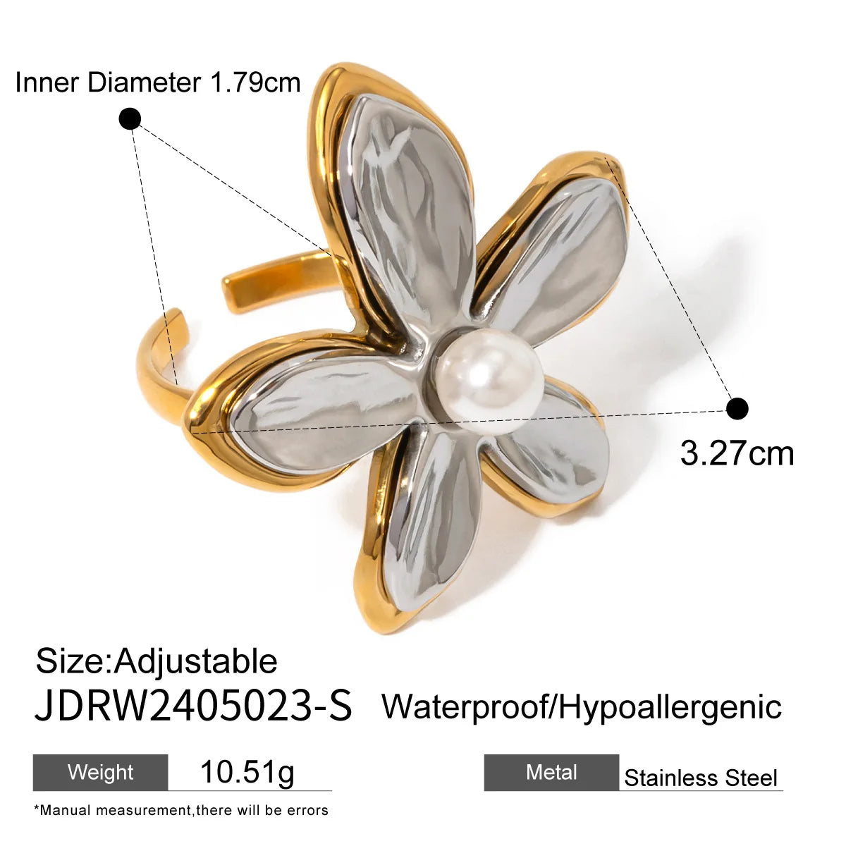 Jazbaat Gold & Silver Flower Design Pearl Bloom Statement Ring