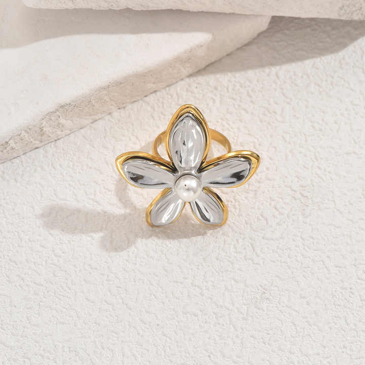 Jazbaat Gold & Silver Flower Design Pearl Bloom Statement Ring