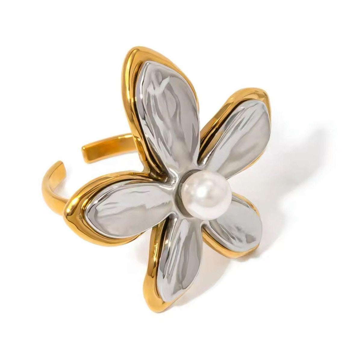 Jazbaat Gold & Silver Flower Design Pearl Bloom Statement Ring