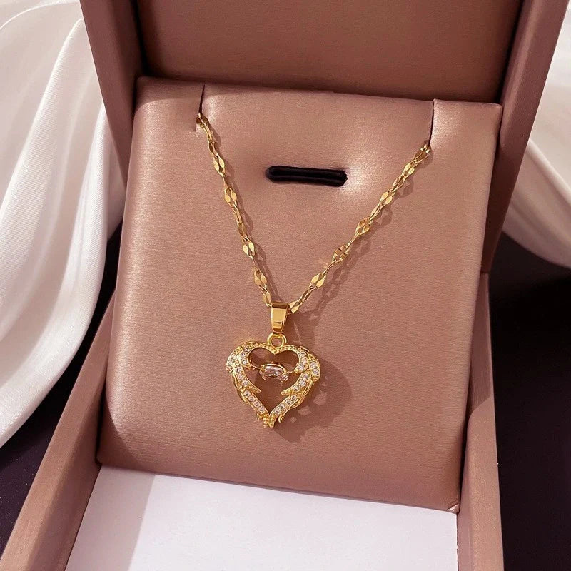 Jazbaat Golden Heart-Shaped Dancing Diamond Rhinestone Pendant Necklace
