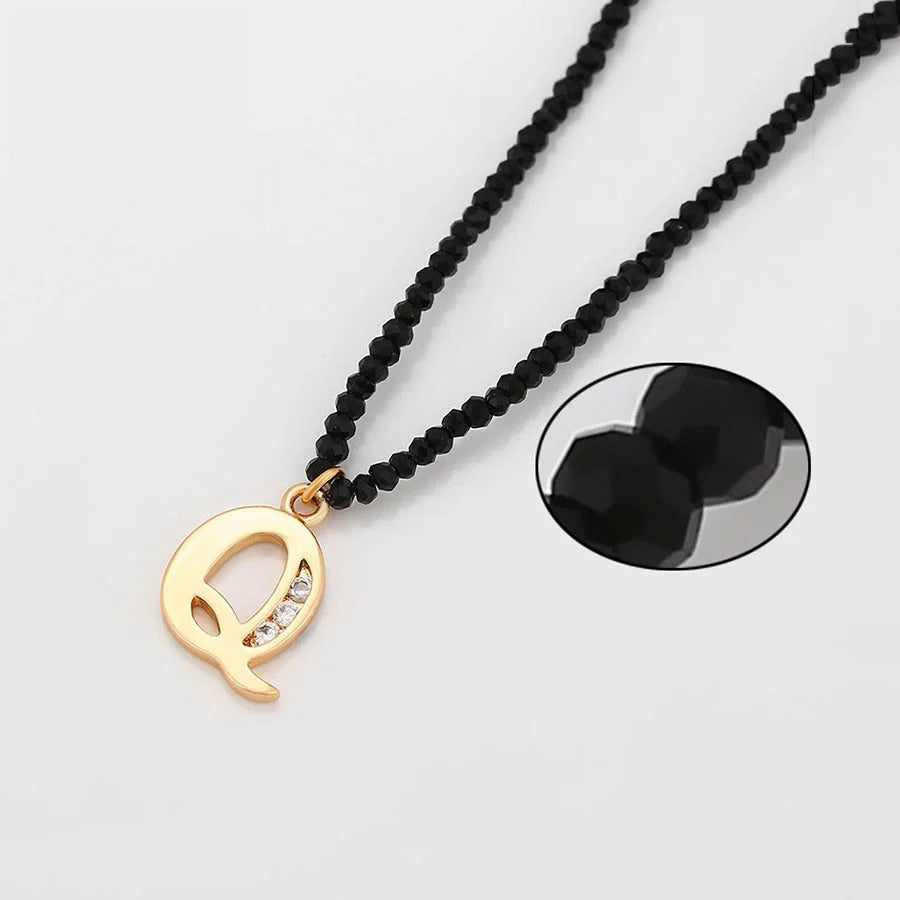 Jazbaat Golden Q Letter Initial Demi-Fine Pendant Black Crystal Chain Necklace