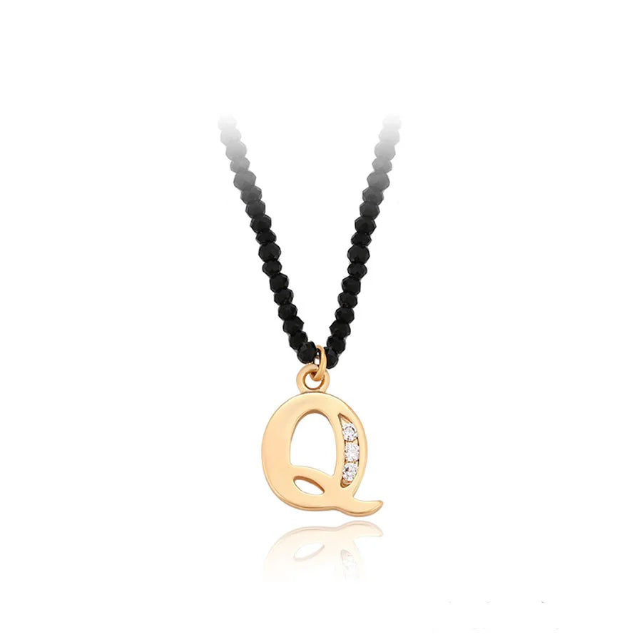 Jazbaat Golden Q Letter Initial Demi-Fine Pendant Black Crystal Chain Necklace