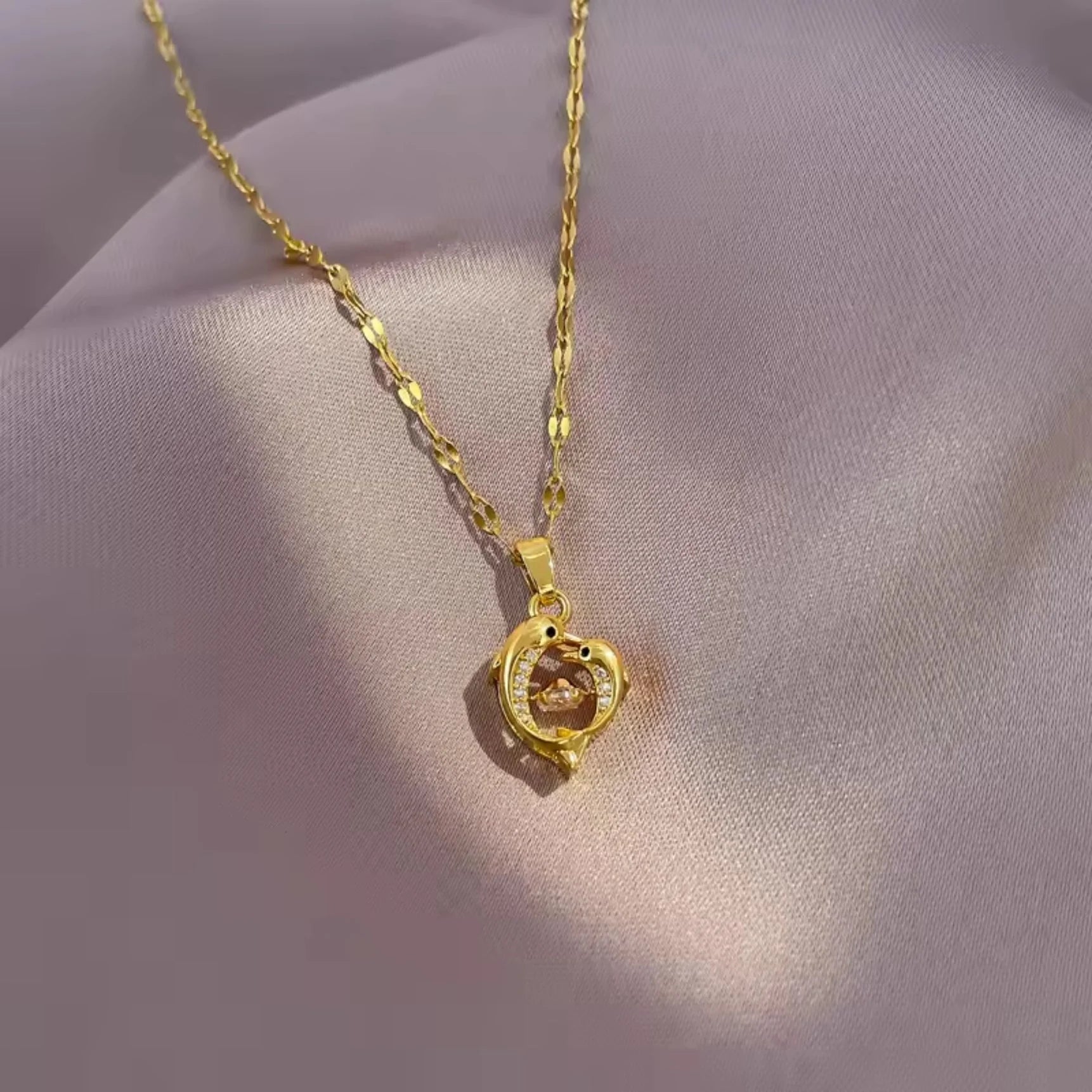 Jazbaat Golden Twin Dolphin Dancing Diamond Pendant Necklace