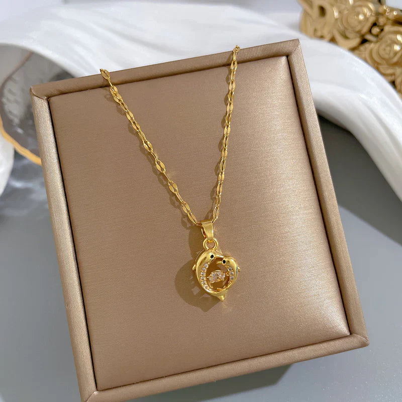 Jazbaat Golden Twin Dolphin Dancing Diamond Pendant Necklace