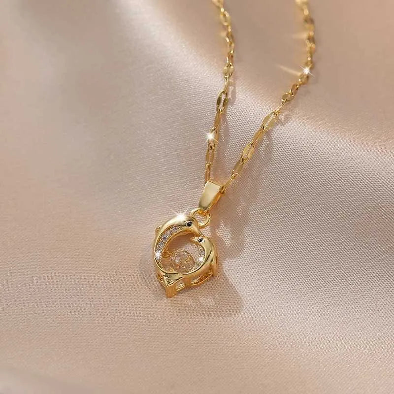 Jazbaat Golden Twin Dolphin Dancing Diamond Pendant Necklace