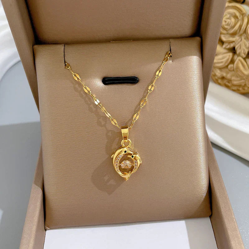 Jazbaat Golden Twin Dolphin Dancing Diamond Pendant Necklace