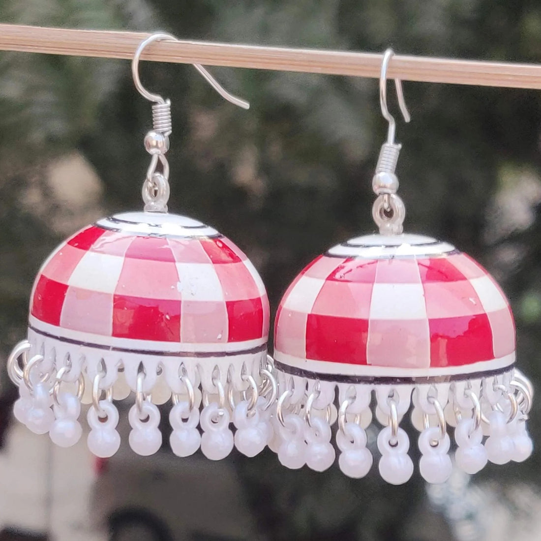 Jazbaat Hand-Painted Meenakari Checkered Jhumka Earrings