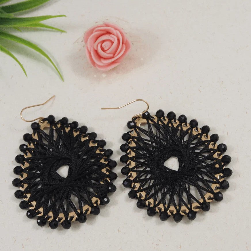 Jazbaat Handmade Crochet Black Crystal Studded Drop Earrings
