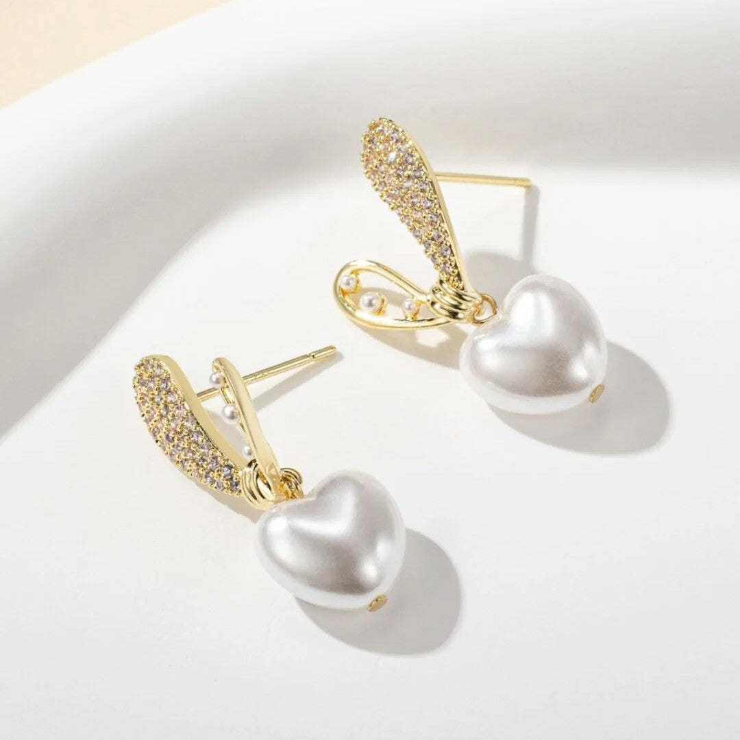 Jazbaat Heart-Shaped Crystal & Pearl Studded Korean Earrings